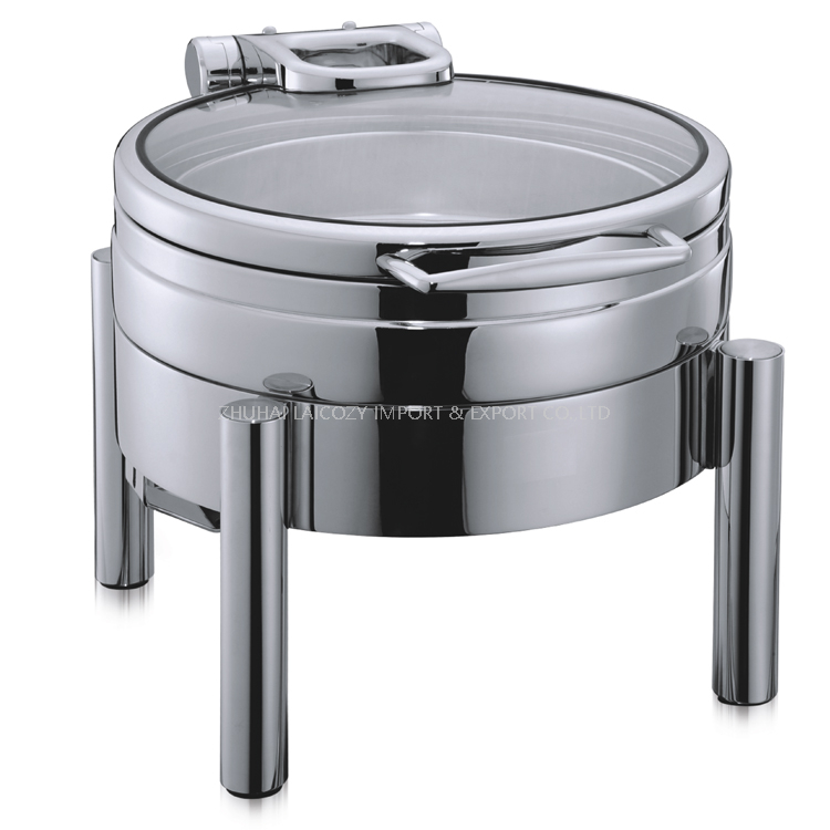 Good Quality 304 Stainless Steel Round Chafing Dish Induction Roll Top Chafer with Glass Lid