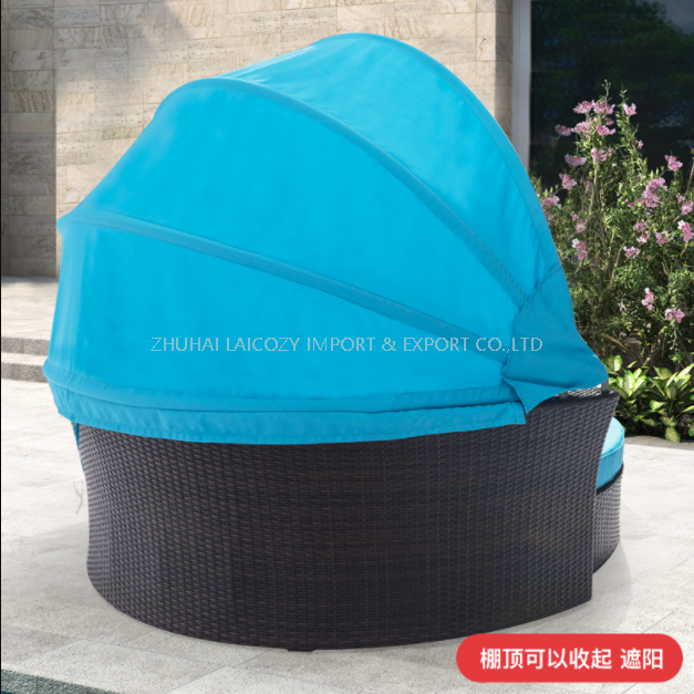 Outdoor Luxury Round Bed with Cushion PE Rattan Sofa with Canopy from