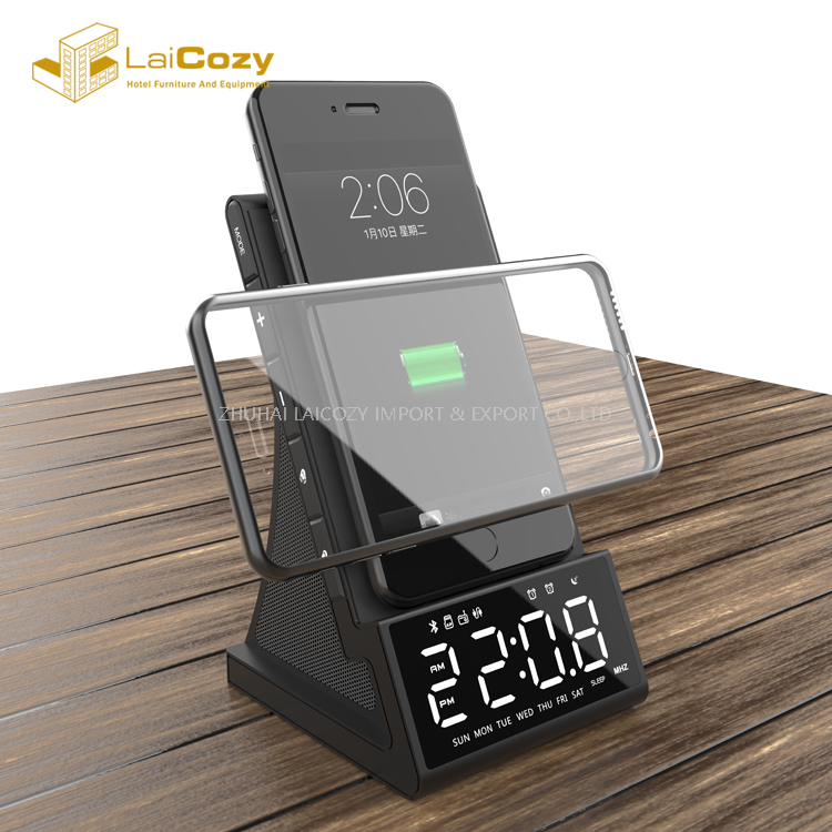 Modern Desktop Bedside Hotel X7 LED Digital Bluetooth Alarm Clock with QI Wireless Charging